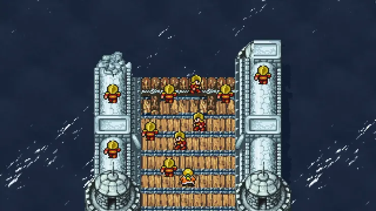 A cutscene showing the bridge north of Cornelia being repaired.