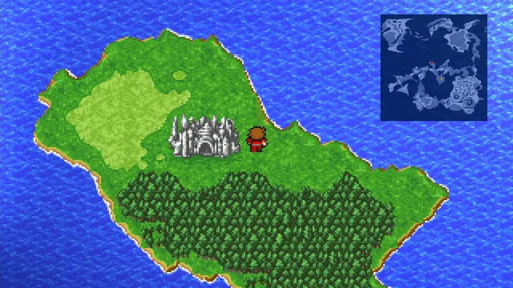 The exterior of the Chaos Shrine, a large gray stone structure, in Final Fantasy 1.