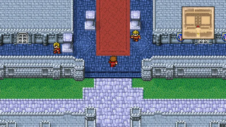 The entrance to Cornelia Castle in Final Fantasy 1, with the party standing at the gate.