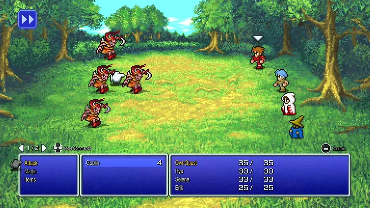 A battle screen showing the party fighting two goblins and a wolf outside Cornelia.