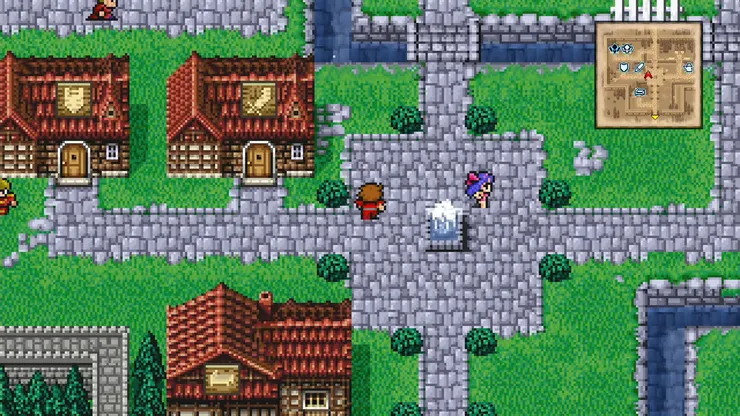 The bustling main street of Cornelia town in Final Fantasy 1, showing various shops.