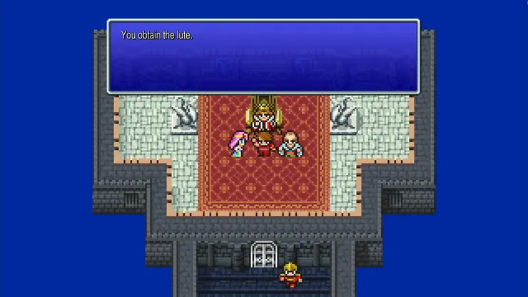 A text box on screen showing the party receiving the Lute as a reward.